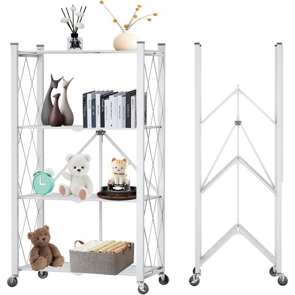 3 Tier Collapsible Shelf with Wheels, Metal Steel Folding Shelves, No Assembly Portable Storage Shelf, Rolling Standing Utility Rack for Kitchen, Office, Bedroom
