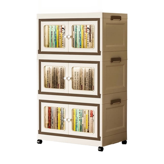 3 Tier Collapsible Stackble Storage Bins with Lid, Foldable Storage Cabinet with Magnetic Doors and Wheels