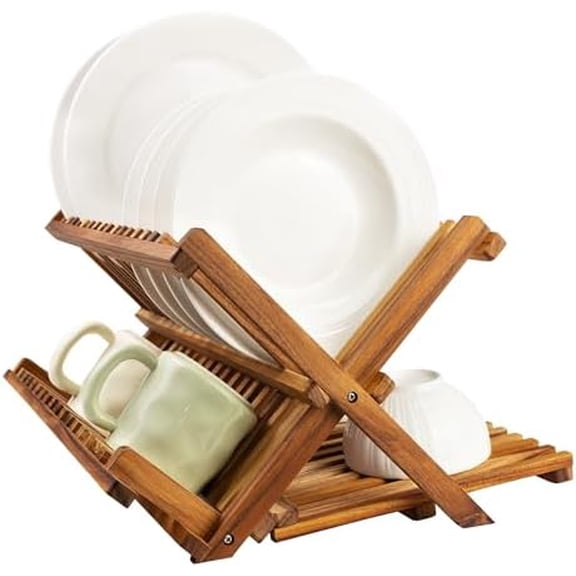 3 Tier Collapsible Teak Wood Dish Drying Rack, Foldable Large Capacity Dish Draine, Space-Saving Countertop Kitchen Organizer for Plates, Cups