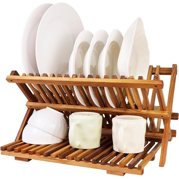 3 Tier Collapsible Teak Wood Dish Drying Rack Foldable Large Capacity Space-Saving Countertop Kitchen Organizer