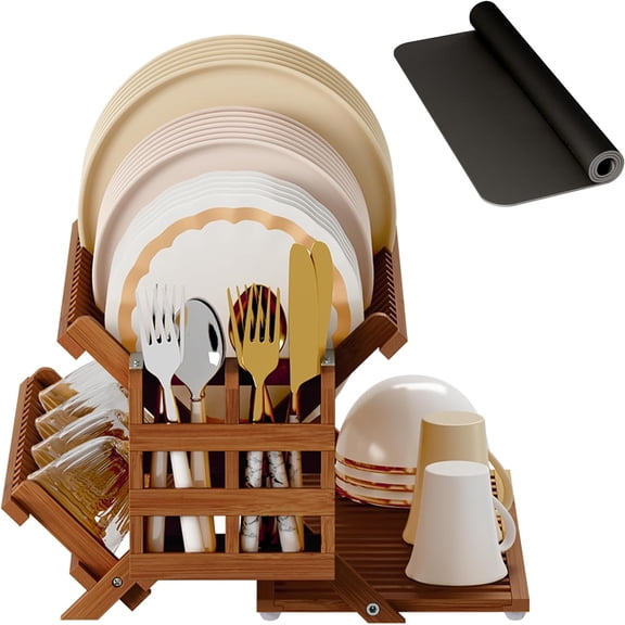 3 Tier Collapsible Teak Wood Dish Drying Rack with Utensil Holder and Absorbent Mat, Large Folding Kitchen Counter Organizer