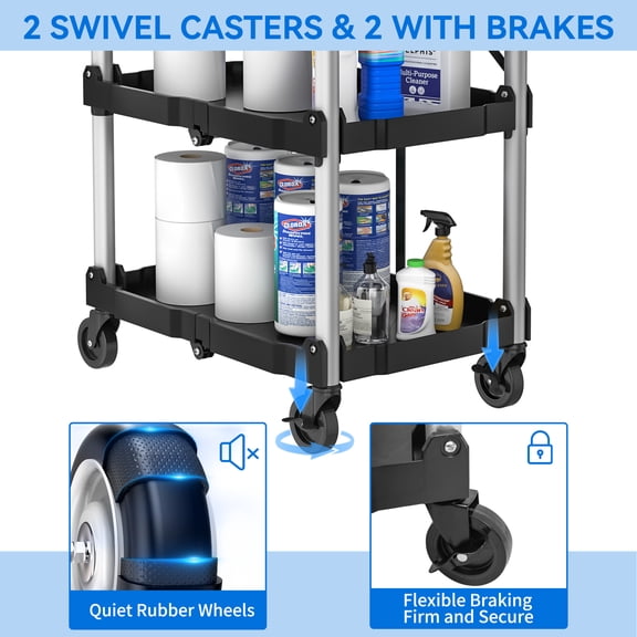 3-Tier Collapsible Utility Cart,240 lbs Capacity, Portable Cart with 360 Swivel Wheels, Ideal for Home, Garage, Restaurant, and Office Use
