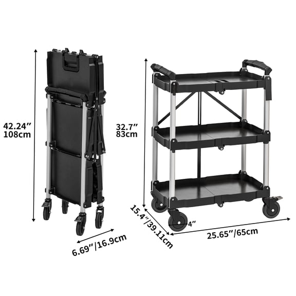 3-Tier Collapsible Utility Cart, Portable Cart with 360 Swivel Wheels, Ideal for Home, Garage, Restaurant, and Office Use,115 Lb. Load Capacity per Shelf