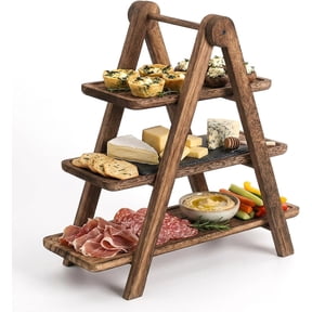 3-Tier Collapsible Wooden Serving Tray Rack – Rustic Multi-Layer Display Stand with Handle, Detachable Deli Platter Board – Space-Saving Pyramid-Style Kitchen Organizer for Countertop, Dessert