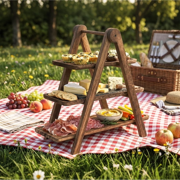 3-Tier Collapsible Wooden Serving Tray Rack – Rustic Multi-Layer Display Stand with Handle – Space-Saving Pyramid-Style Kitchen Organizer for Countertop, Dessert Table, Party, Buffet, or Wedding
