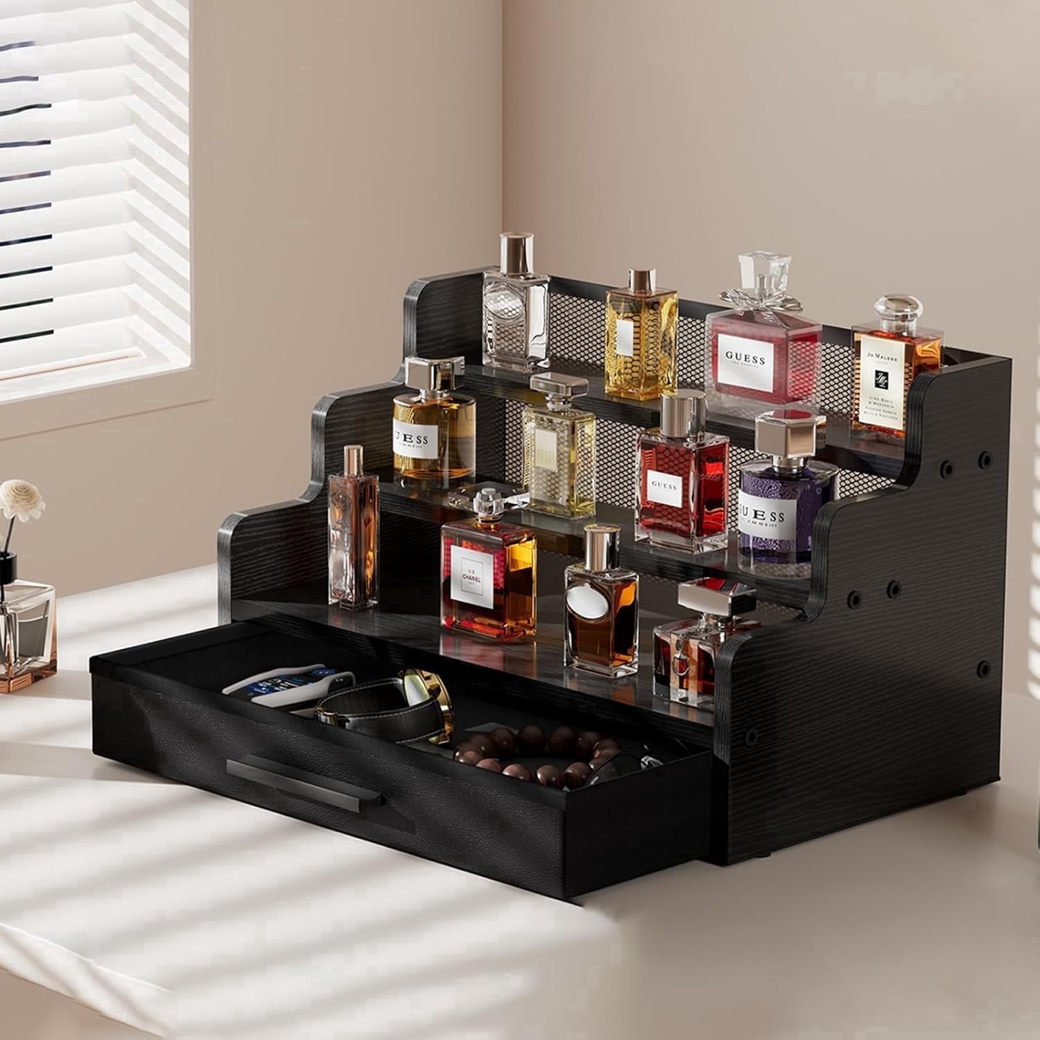 X-COSRACK 3-Tier Wooden Cologne and Perfume Organizer with Drawer, Rustic Display Riser Shelf for Dresser & Vanity, Solid Wood Skincare & Makeup Storage, Retro Brown