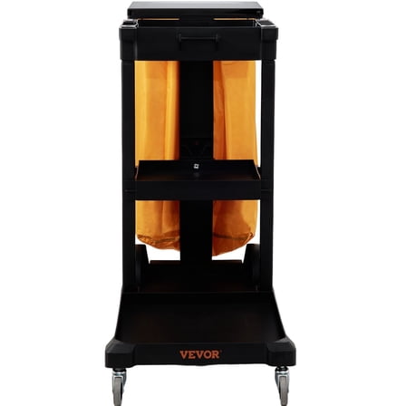 3-Tier Commercial Cleaning Cart with 25-Gallon PVC Trash Bag, 200 lbs Capacity Heavy-Duty Janitorial Utility Cart, 47"x20"x38.6" Yellow & Black Housekeeping Cart with Waterproof Cover