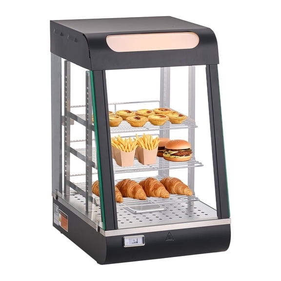 3-Tier Commercial Food Warmer Display, 800W Food Display Warmer with LED Light, Top Storage and Adjustable Shelves, 86-185 Fahrenheit Steam Heating, 60 Qt /57L for Hamburger, Pizza, Bread