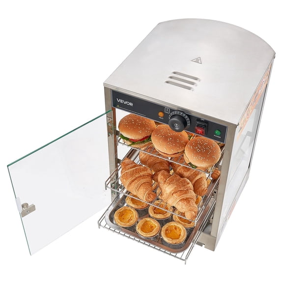 3 Tier Commercial Food Warmer Display 800W with LED Light Adjustable Shelf Stainless Steel Frame 86-185 Fahrenheit Air Heating 60L for Hamburger Pizza Bread