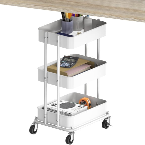3-Tier Compact Utility Rolling Cart, Low 24 Height Fits Under Desk, Space-Saving Storage for Home Office, Dining Room, or Kitchen, White