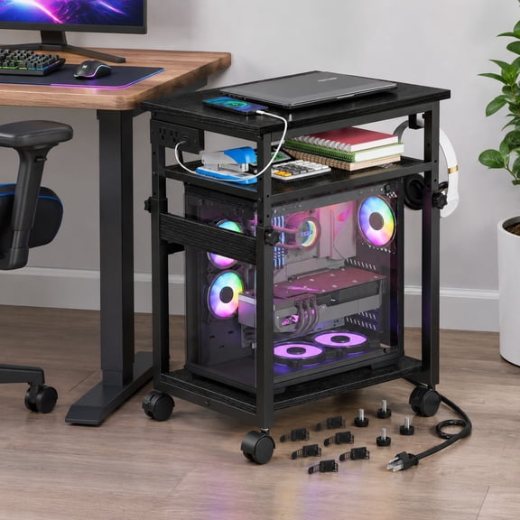 3-Tier Computer Tower Stand with Charging Station, 25.2''-35.8'' Height-Adjustable Metal PC CPU Cart with Lockable Wheels for Office and Gaming