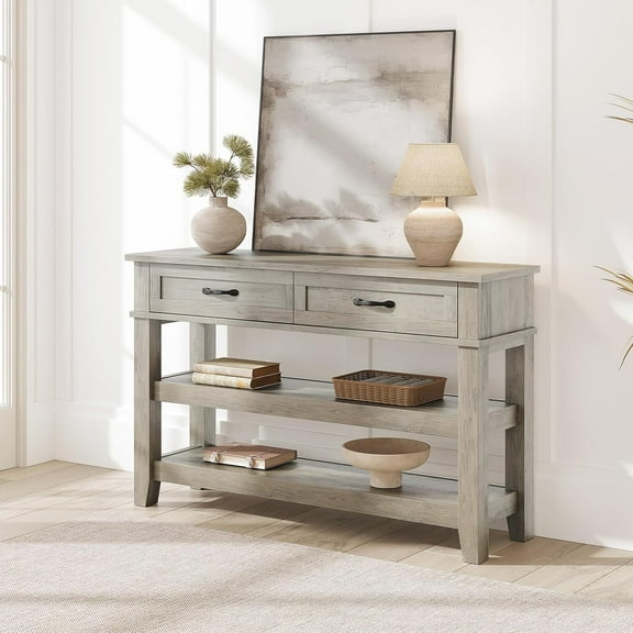 3-Tier Console Table, 47" Retro Entryway Table with  2 Storage Drawers ,Narrow Wooden Sofa Table with Open Shelf for Living Room, Foyer, Hallway