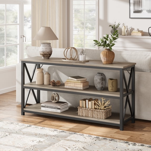 3 Tier Console Table, 55.1" Narrow Entryway Table with Storage, Wood Sofa Table with Metal Frame, Industrial Behind Couch Table for Living Room, Hallway, Entryway-Grey