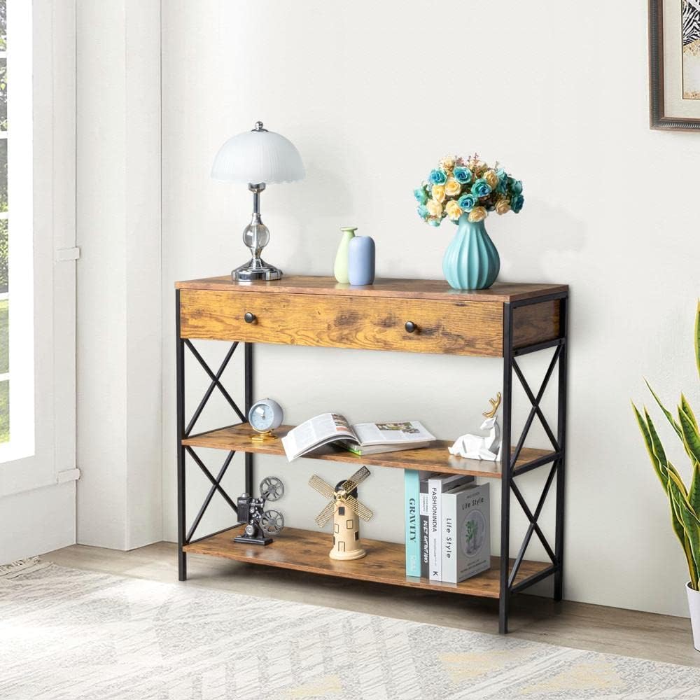 3 Tier Console Table Industrial Sofa Table with Storage for Living Room ...