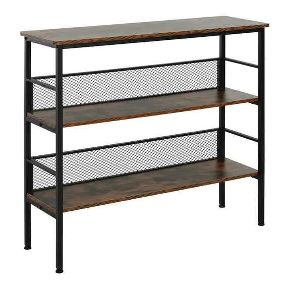 3-Tier Console Table Industrial Style Storage Metal Wooden Shelf with a Robust Multi-Functional Design & Adjustable Feet, Black