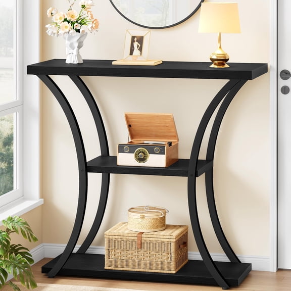 3 Tier Console Table with Open Wood Shelves, Decorative Entryway Table with Curved Metal Frames, Narrow Sofa Table for Entrance, Living Room, Hallway, Rustic Brown+Black