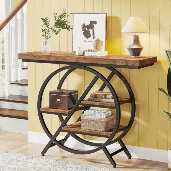 3-Tier Console Table - Unique Rectangular Wood & Round Metal Frame Design, 1.58" Thick MDF Top, 350lb Capacity - for Entryway, Sofa Behind & Living Room
