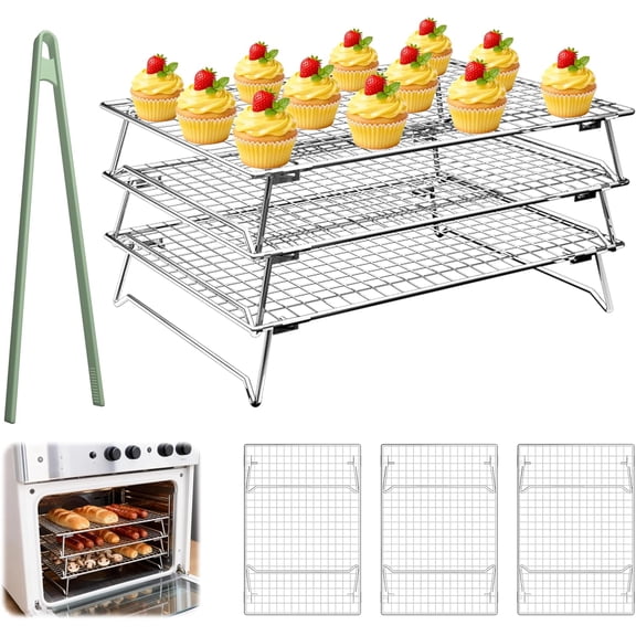3-Tier Cooling Racks for Baking, 304 Stainless Steel, 13"x9"x2.17" | Cookie Cooling Rack Stackable, Oven Safe 1112°F, Cooling Rack Fits Half Sheet Pan With Silicone Tongs For Bacon, Bread