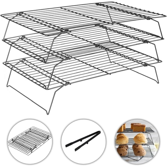 3-Tier Cooling Racks for Cooking and Baking - 13" x 9.6" Stackable Heavy Duty Stainless Steel Wire Rack for Baking, Grilling, Roasting - Oven & Dishwasher Safe - Black