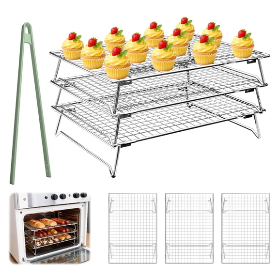 3 Tier Racks For Cooking And Baking  3 304 Stainless Steel 13" X 9" Stackable Drying Rack Oven & Dishwasher Safe With Silicone Mini Tong