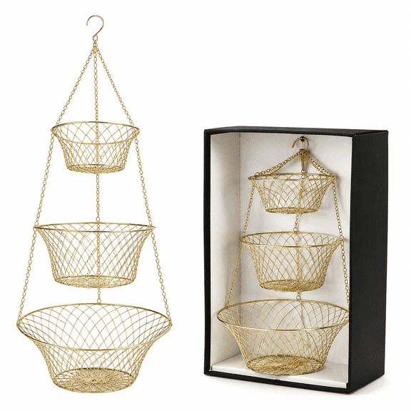 3-Tier Copper Hanging Basket for Kitchen & Bathroom
