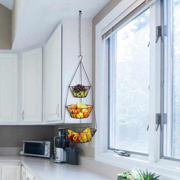 3-Tier Copper Kitchen Hanging Fruit Baskets, 32 Inches