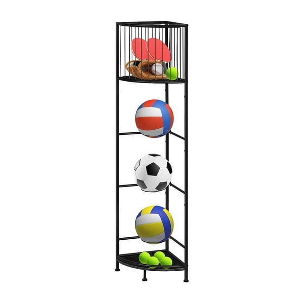 3-Tier Corner Ball Storage Rack, Freestanding Sports Equipment Organizer with Basket for Basketball, Soccer Ball, Volleyball, Garage, Black
