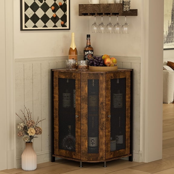3-Tier Corner Bar Cabinet, Liquor Cabinet with Open Shelf & Door | Space-Saving Corner Design, Home Bar Display for Wine, Liquor & Coffee, Rustic Brown Wine Cabinet for Kitchen and Dining Room