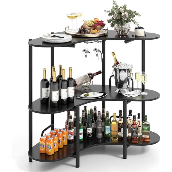 3-Tier Corner Bar Table with Glass Holder, Metal Guardrails & Wine Racks for Living Room or Kitchen (Black)