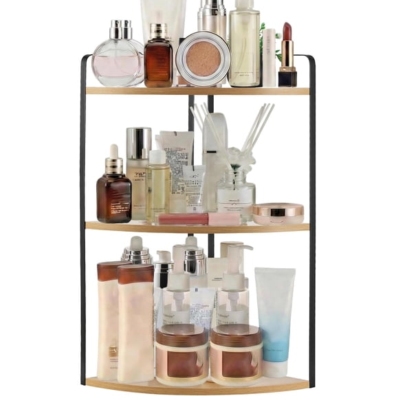 3 Tier Corner Bathroom Counter Organizer, Countertop Organizer, Makeup Organizer Countertop, Bathroom Storage Sink Shelf, Wooden and Metal Counter Shelf (Large Capacity-Rustic Walnut)