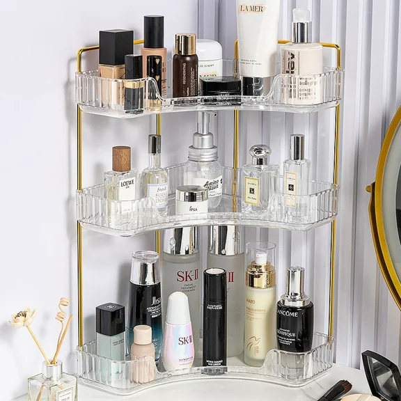 3-Tier Corner Bathroom Counter Organizer – Makeup & Skincare Storage with Brush Holder, Vanity Organizer