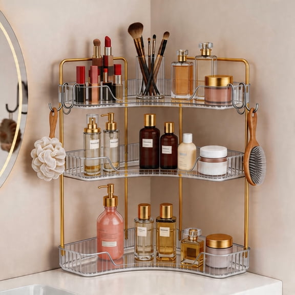 3-Tier Corner Bathroom Counter Organizer Set, Clear Vanity Storage Shelf Display Rack with Hooks