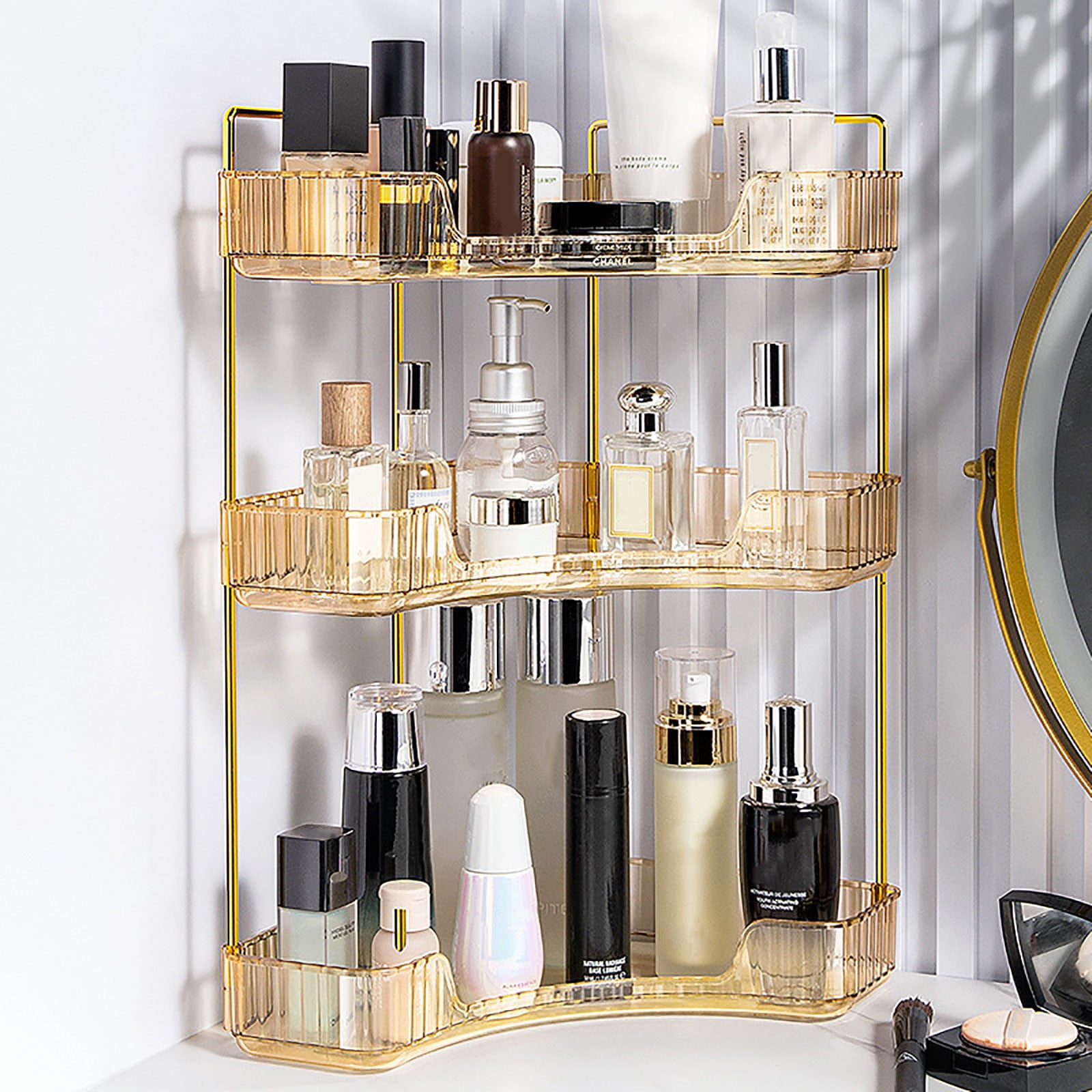 3-Tier Corner Bathroom Counter Organizer – Storage Shelf for Makeup, Perfume & Toiletries, Space-Saving Countertop Tray, Fits Bathroom, Dresser, Kitchen