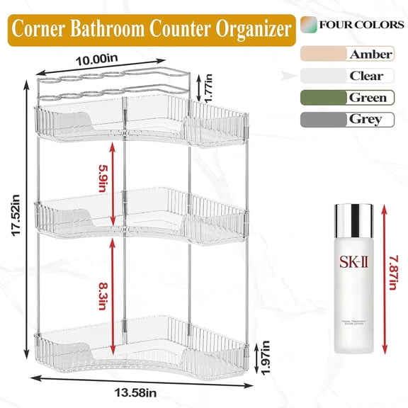 3-Tier Corner Bathroom Counter Organizer with Makeup Brush Holder, Vanity Cosmetic Storage