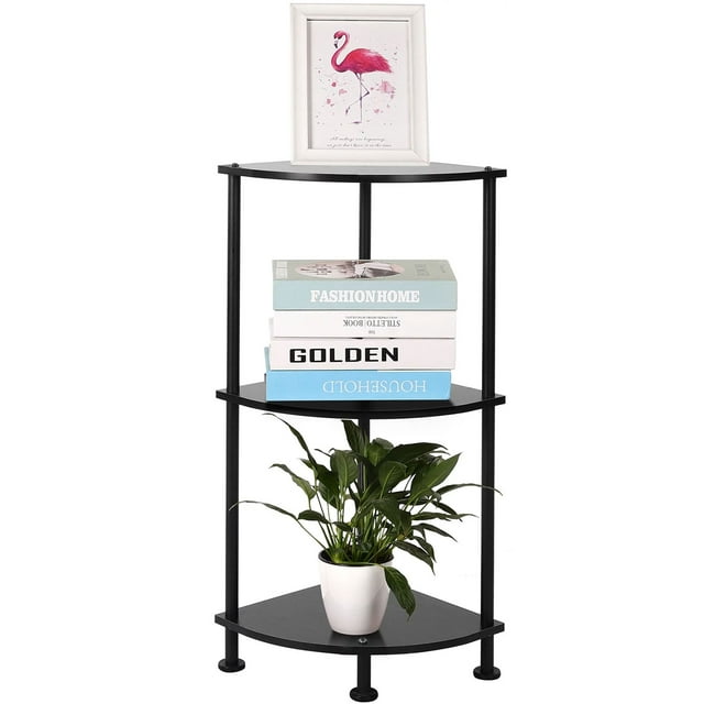 3Tier Corner Display Rack, Black Metal Storage Shelf for
