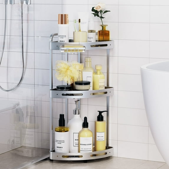 Corner Shower Caddy Standing - 3 Tier Acrylic Shower Organizer with Soap Holder, Aluminium Corner Shelf Standing for Bathroom
