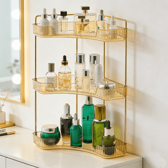 3-Tier Corner Makeup Organizer, Waterproof Bathroom Countertop Storage Tray - Space Saving Vanity & Sink Organizer for Counter(Gold)