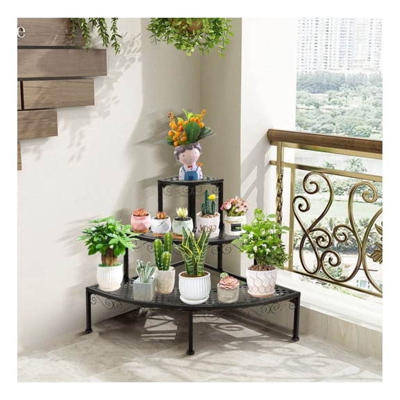 3-Tier Corner Plant Stand, Metal Flower Rack, Indoor Outdoor Stair-Step Shelf, Black Finish, 24"x24"x23.6", Space Saving Display