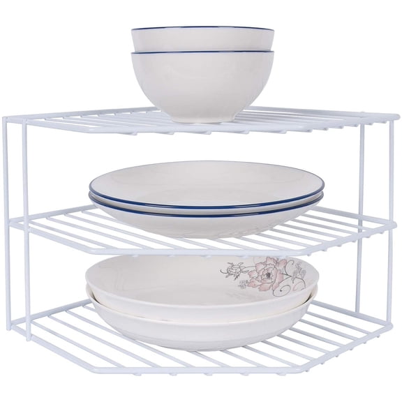 3-Tier Corner Shelf Counter and Cabinet Organizer - Steel Metal Wire - Rust Resistant - Plates, Dishes, Cabinet & Pantry Organizer - Kitchen Organization (10 x 7.5 Inch)(White)