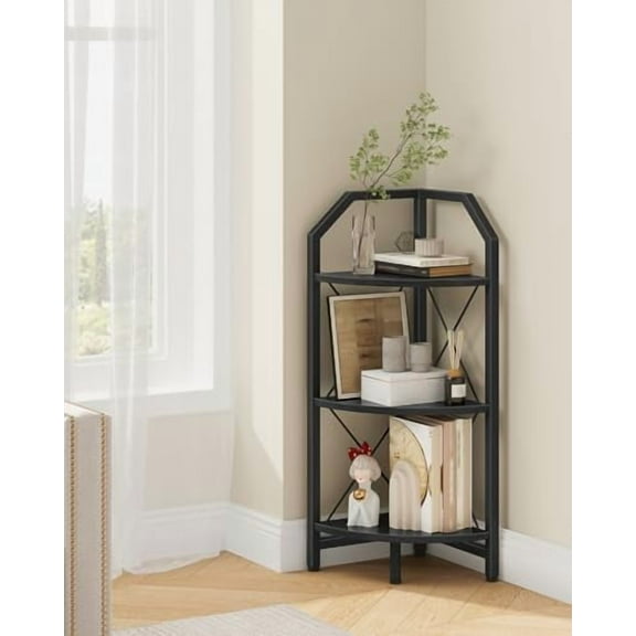 3-Tier Corner Shelf, Industrial Corner Bookshelf, 35.4" Storage Stand, Plant Stand Display Shelf, Bookcase for Bedroom, Living Room, Home Office, Black TCJ03BB