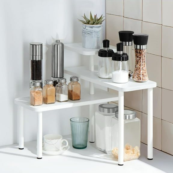 3 Tier Corner Shelf Kitchen Organizer, Bathroom Storage Display Countertop Organizer, Adjustable Spice Rack Corner Shelf for Kitchen, Bathroom, Coffee Area, Make Up, Desktop, Office, White/Black