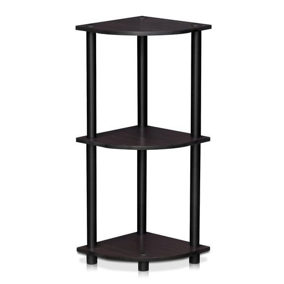 3-Tier Corner Shelf Unit, Dark Walnut Wood Finish With Black Metal Frame, Tool-Free Assembly