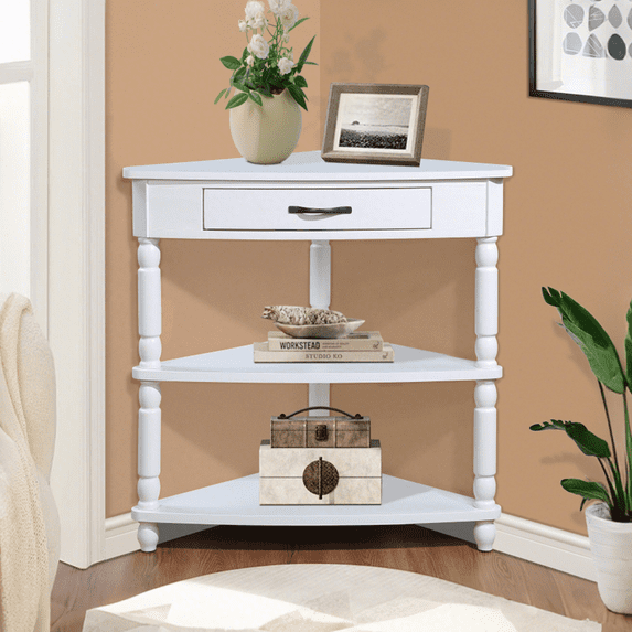 3-Tier Corner Shelf Unit for Small Spaces - Triangular Storage Rack with Solid Wood Legs, Multi-Functional Apartment & Living Room Furniture, Easy Assembly (Milk White)