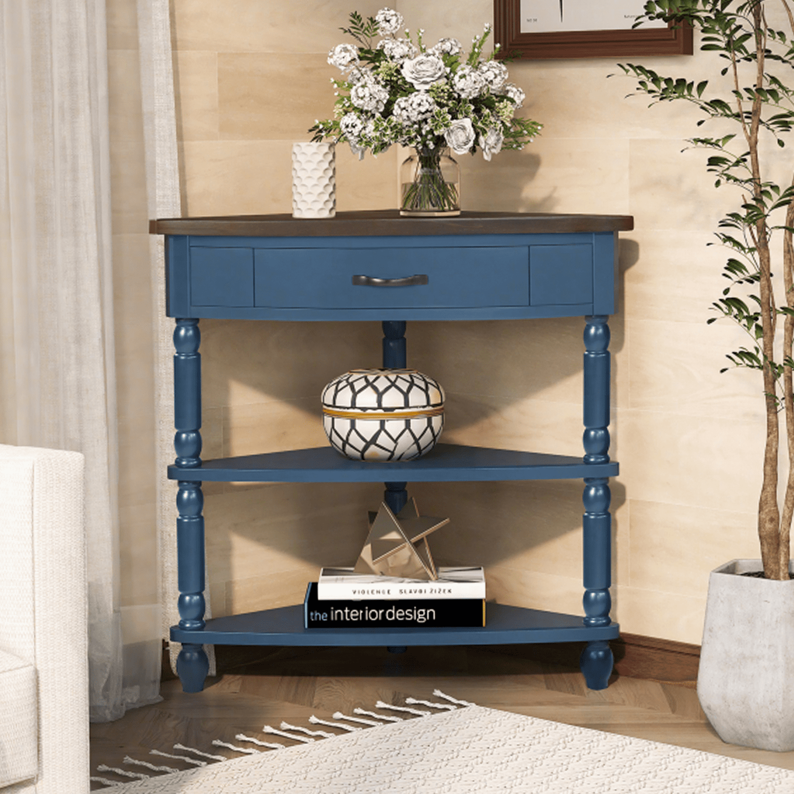 3-Tier Corner Shelf Unit for Small Spaces - Triangular Storage Rack with Solid Wood Legs, Multi-Functional Apartment & Living Room Furniture, Easy Assembly (Navy Blue)