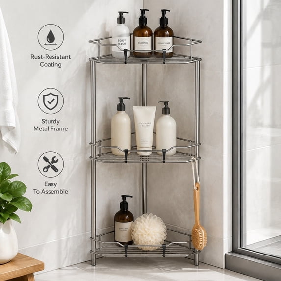 3 Tier Corner Shower Caddy Organizer Shelf with Hooks, Bathroom Storage ...