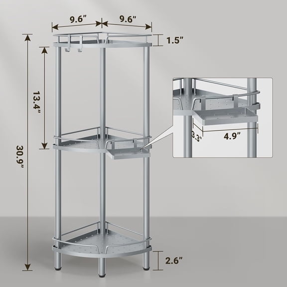 3-Tier Corner Shower Caddy Stand, Rustproof Metal Bathroom Organizer with Soap Tray, Adjustable Feet and Hooks, Floor Corner Storage Shelf, Silver