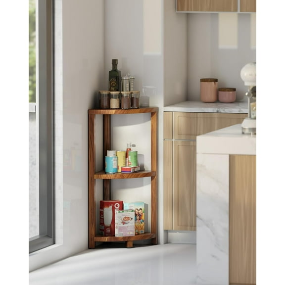 3-Tier Corner Shower Caddy Stand, Wood Shower Organizer Standing with Anti-Slip Feet, Waterproof & Bathroom Corner Shelf, Space-Saving Design Storage for Kitchen or Living Room
