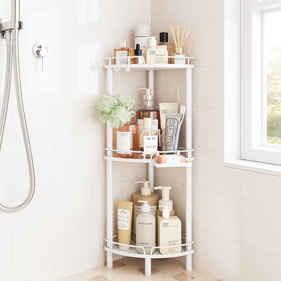 3-Tier Corner Shower Caddy Standing, Rustproof Metal Floor Shelf Organizer with Soap Holder, 2 Hooks & Adjustable Feet, White