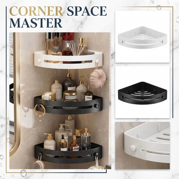 3 Tier Corner Shower Caddy with Suction Cups - No Drill Bathroom Organizer Shelf, Gray ABS-Triangle Storage Rack with Hooks for Shampoo, Soap, Towels - Rustproof Caddy, Black