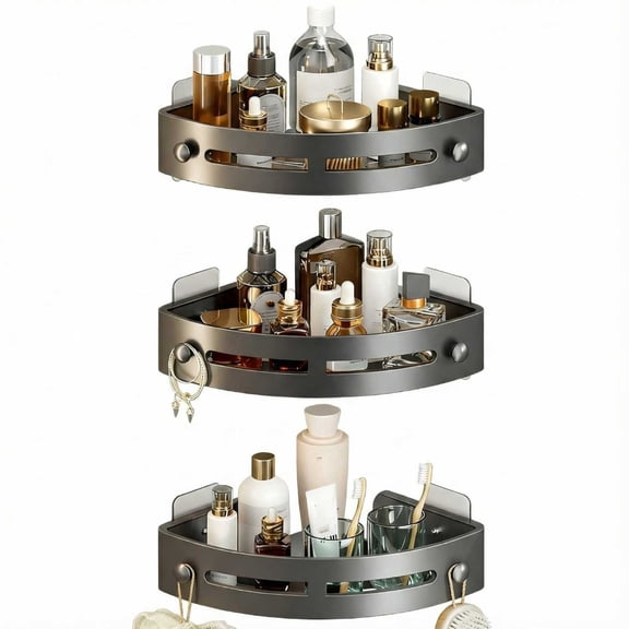 3 Tier Corner Shower Caddy with Suction Cups - No Drill Bathroom Organizer Shelf, Gray ABS-Triangle Storage Rack with Hooks for Shampoo, Soap, Towels - Rustproof Caddy, Gray